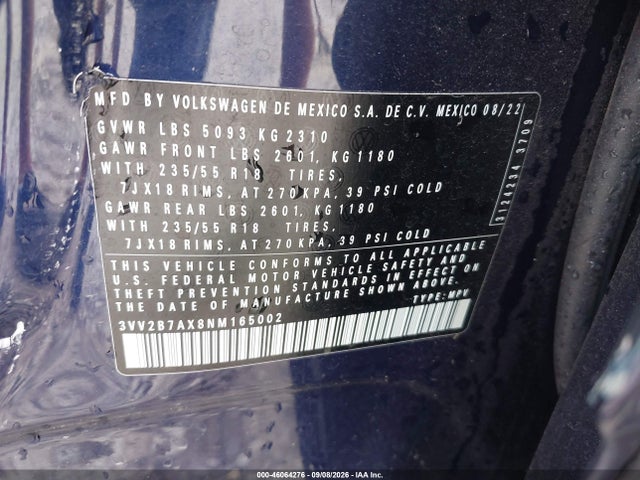 2022 Volkswagen Tiguan 2.0t Se მანქანა იყიდება აუქციონზე, vin: 3VV2B7AX8NM165002, აუქციონის ნომერი: 46064276