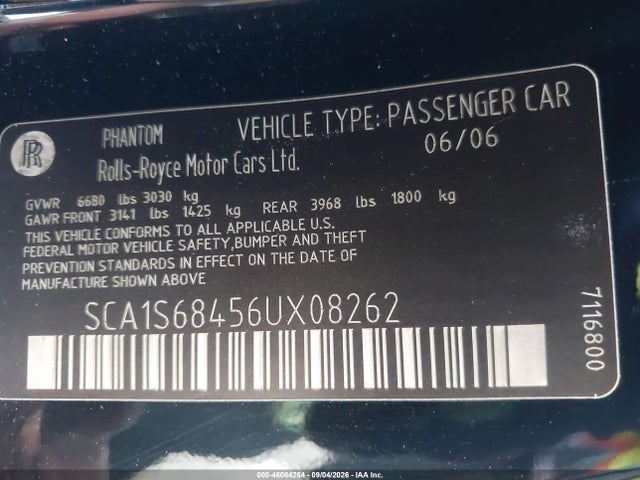 Aukcja sprzedaży 2006 Rolls-royce Phantom, vin: SCA1S68456UX08262, numer aukcji: 46064284