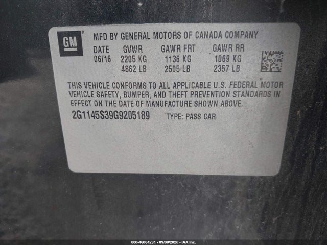 46064291 :رقم المزاد ، 2G1145S39G9205189 vin ، 2016 Chevrolet Impala 2lz مزاد بيع