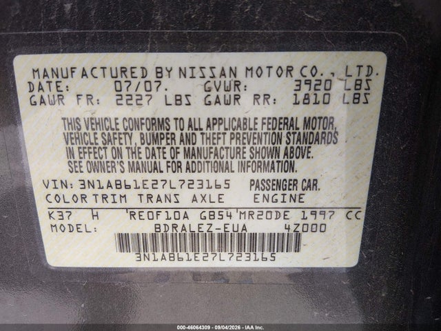Продажа на аукционе авто 2007 Nissan Sentra 2.0s, vin: 3N1AB61E27L723165, номер лота: 46064309