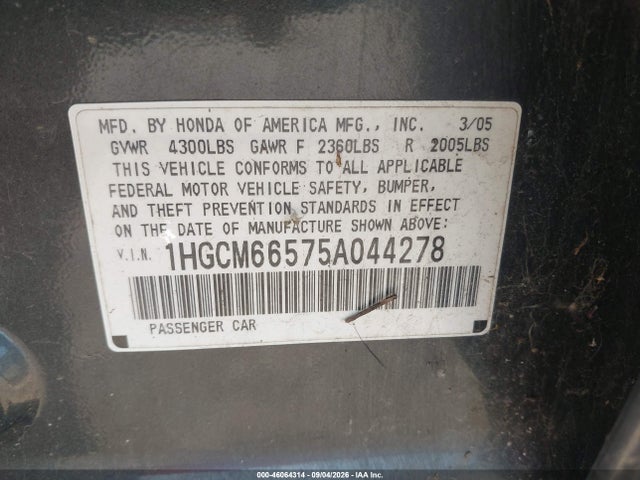 46064314 :رقم المزاد ، 1HGCM66575A044278 vin ، 2005 Honda Accord 3.0 Ex مزاد بيع