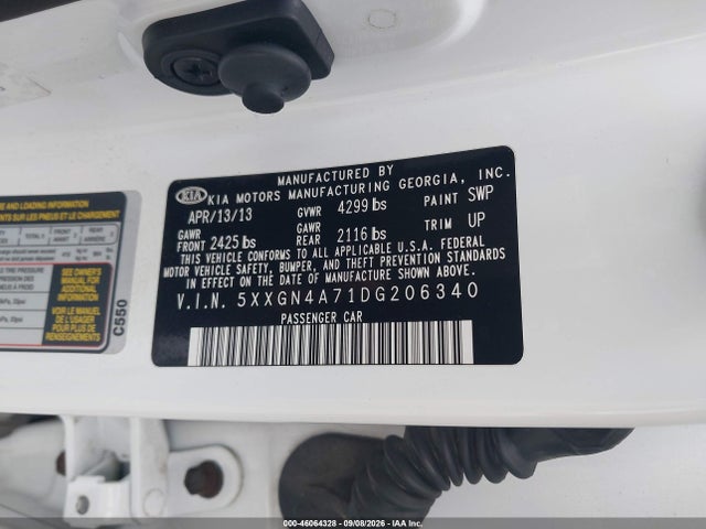 2013 Kia Optima Ex მანქანა იყიდება აუქციონზე, vin: 5XXGN4A71DG206340, აუქციონის ნომერი: 46064328