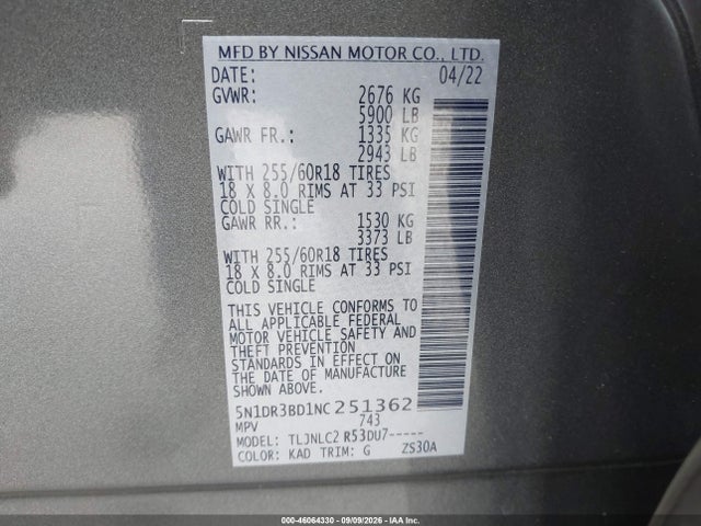 Aukcja sprzedaży 2022 Nissan Pathfinder Sv 4wd, vin: 5N1DR3BD1NC251362, numer aukcji: 46064330