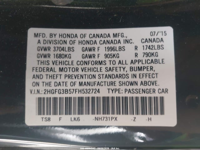 Aukcja sprzedaży 2015 Honda Civic Lx, vin: 2HGFG3B57FH532724, numer aukcji: 46064342