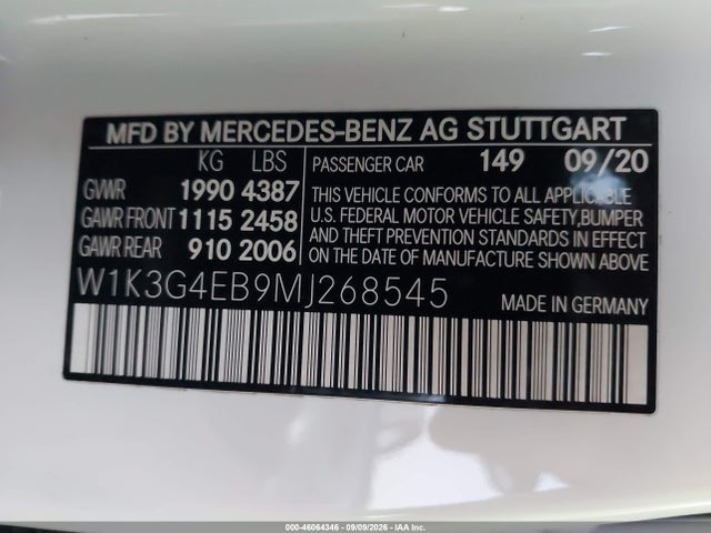 Aukcja sprzedaży 2021 Mercedes-benz A 220, vin: W1K3G4EB9MJ268545, numer aukcji: 46064346