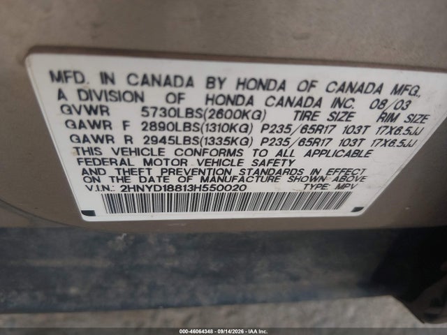 46064348 :رقم المزاد ، 2HNYD18813H550020 vin ، 2003 Acura Mdx مزاد بيع