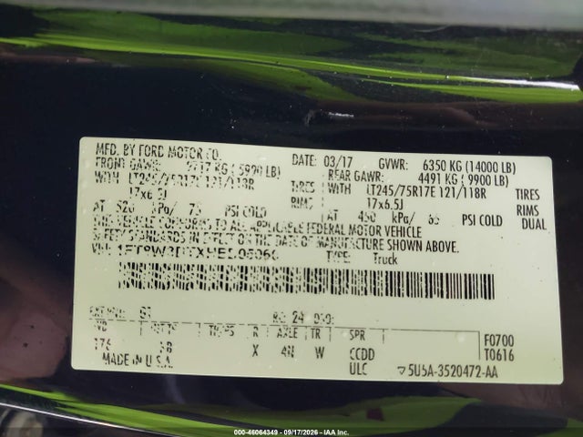 2017 Ford F-350 Platinum მანქანა იყიდება აუქციონზე, vin: 1FT8W3DTXHED05060, აუქციონის ნომერი: 46064349