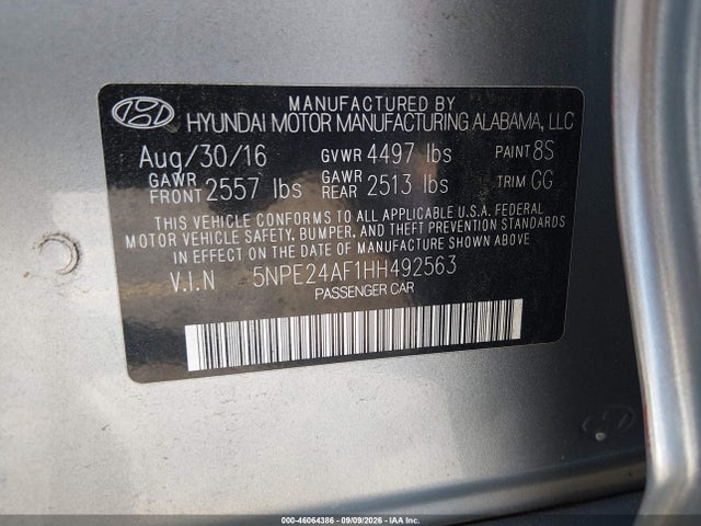 Aukcja sprzedaży 2017 Hyundai Sonata, vin: 5NPE24AF1HH492563, numer aukcji: 46064386