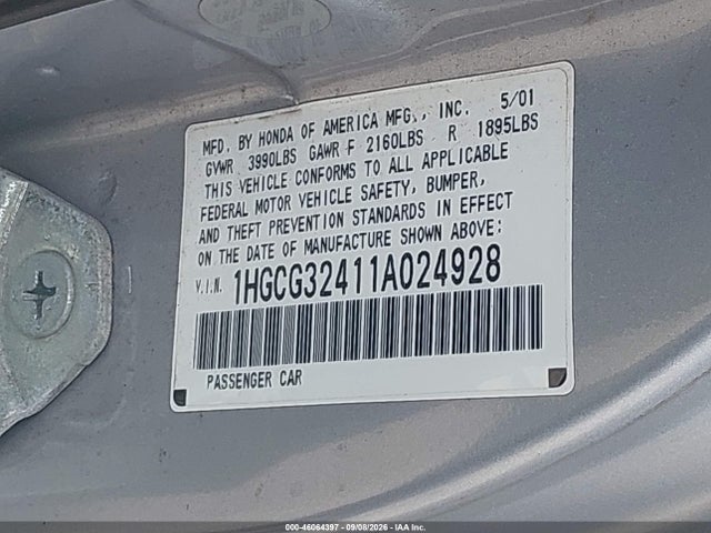 Auction sale of the 2001 Honda Accord 2.3 Lx, vin: 1HGCG32411A024928, lot number: 46064397