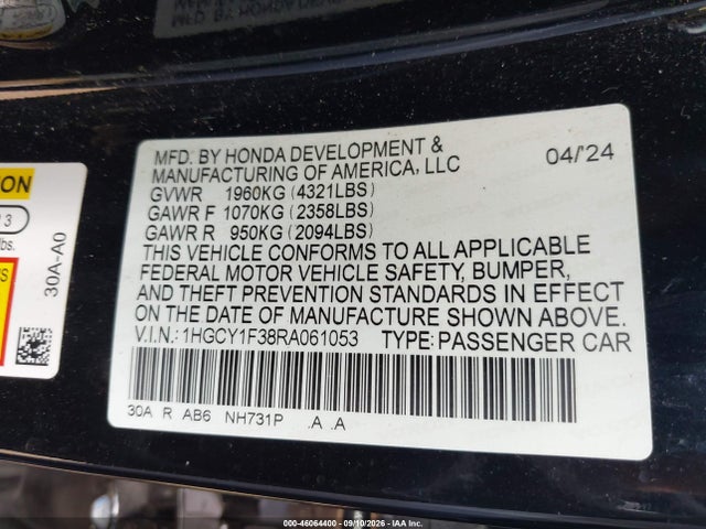Продажа на аукционе авто 2024 Honda Accord Ex, vin: 1HGCY1F38RA061053, номер лота: 46064400