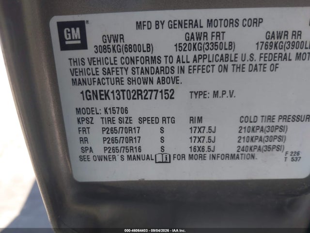 Aukcja sprzedaży 2002 Chevrolet Tahoe Z71, vin: 1GNEK13T02R277152, numer aukcji: 46064403