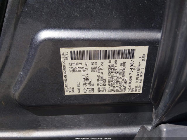 Продажа на аукционе авто 2021 Nissan Rogue S Fwd, vin: 5N1AT3AA0MC754987, номер лота: 46064407