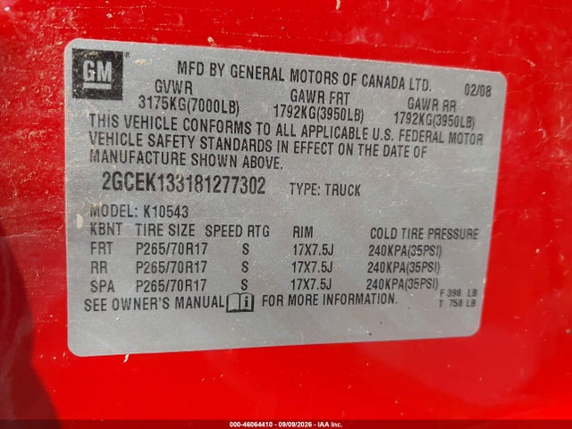 Продаж на аукціоні авто 2008 Chevrolet Silverado 1500 Lt1, vin: 2GCEK133181277302, номер лоту: 46064410