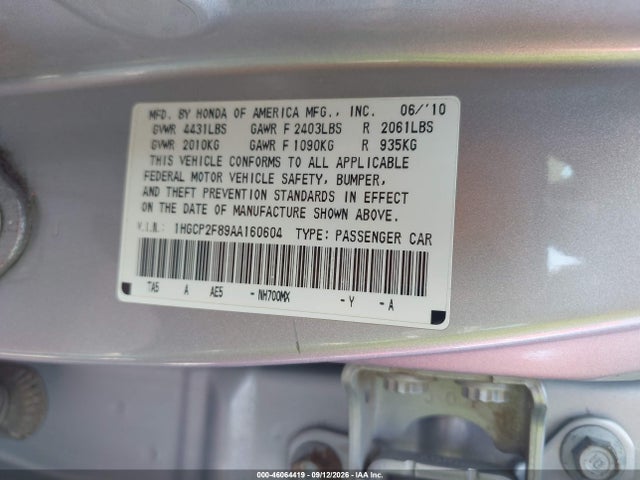 Aukcja sprzedaży 2010 Honda Accord 2.4 Ex-l, vin: 1HGCP2F89AA160604, numer aukcji: 46064419