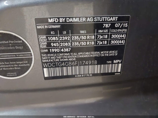 Aukcja sprzedaży 2015 Mercedes-benz Gla 250 4matic, vin: WDCTG4GB6FJ174918, numer aukcji: 46064432