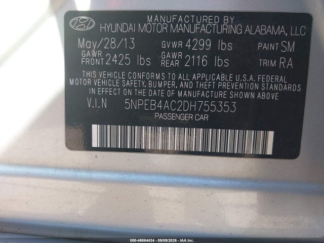 Продаж на аукціоні авто 2013 Hyundai Sonata Gls, vin: 5NPEB4AC2DH755353, номер лоту: 46064434