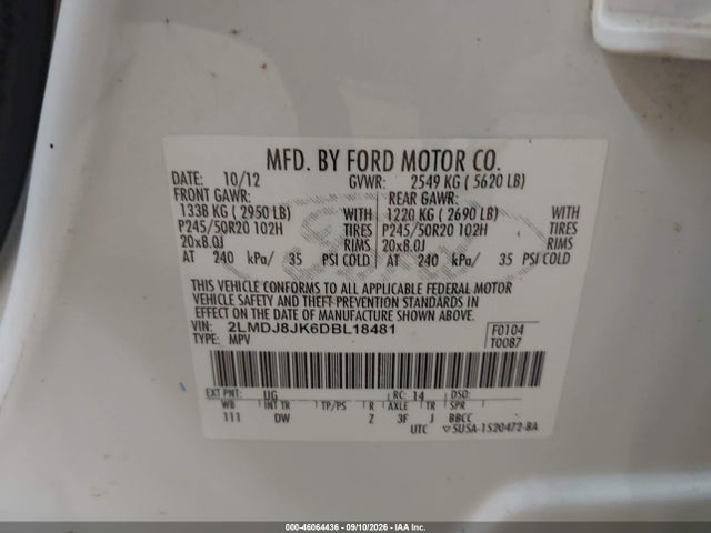 Aukcja sprzedaży 2013 Lincoln Mkx, vin: 2LMDJ8JK6DBL18481, numer aukcji: 46064436