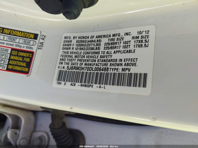 2013 Honda Cr-v Ex-l მანქანა იყიდება აუქციონზე, vin: 5J6RM3H70DL006488, აუქციონის ნომერი: 46064447