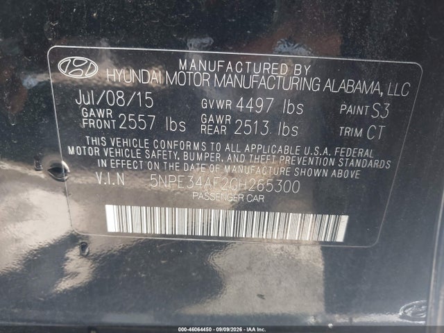 46064450 :رقم المزاد ، 5NPE34AF2GH265300 vin ، 2016 Hyundai Sonata Limited مزاد بيع