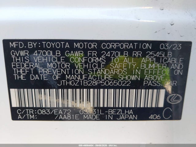 46064454 :رقم المزاد ، JTHGZ1B28P5065022 vin ، 2023 Lexus Is 350 F Sport مزاد بيع