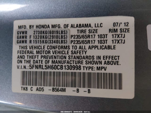 46064472 :رقم المزاد ، 5FNRL5H60CB130998 vin ، 2012 Honda Odyssey Ex-l مزاد بيع