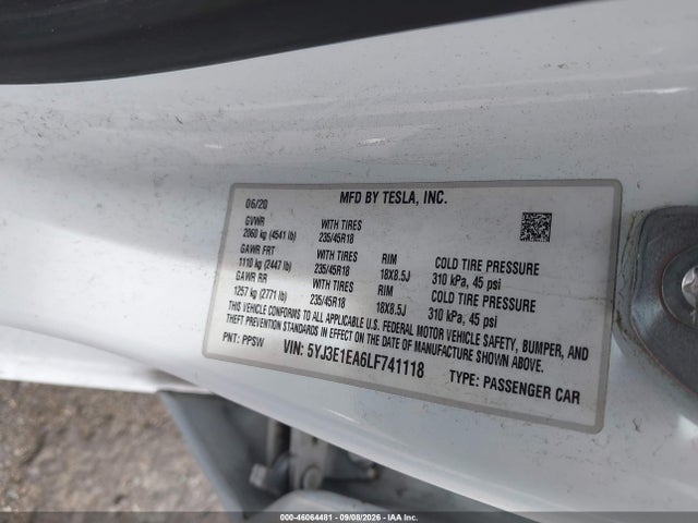 Продаж на аукціоні авто 2020 Tesla Model 3 Standard Range Plus Rear-wheel Drive/standard Range Rear-wheel Drive, vin: 5YJ3E1EA6LF741118, номер лоту: 46064481