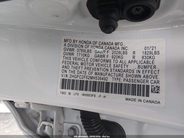 Aukcja sprzedaży 2021 Honda Civic Lx, vin: 2HGFC2F62MH536492, numer aukcji: 46064484