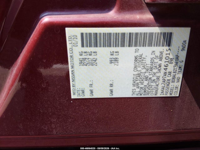 46064520 :رقم المزاد ، 1N4AL2AP7AN461015 vin ، 2010 Nissan Altima 2.5 S مزاد بيع