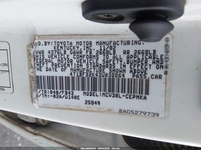 Aukcja sprzedaży 2003 Toyota Camry Le V6, vin: 4T1BF32K43U038864, numer aukcji: 46064530