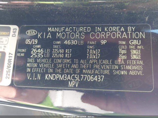 Продажа на аукционе авто 2020 Kia Sportage Lx, vin: KNDPM3AC5L7706437, номер лота: 46064545