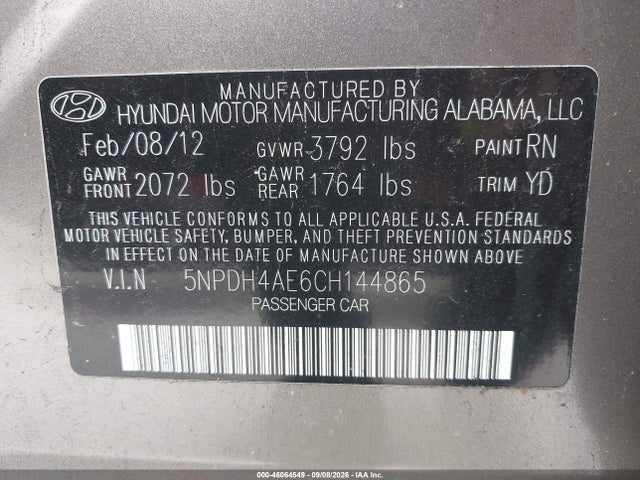 Продаж на аукціоні авто 2012 Hyundai Elantra Gls, vin: 5NPDH4AE6CH144865, номер лоту: 46064549