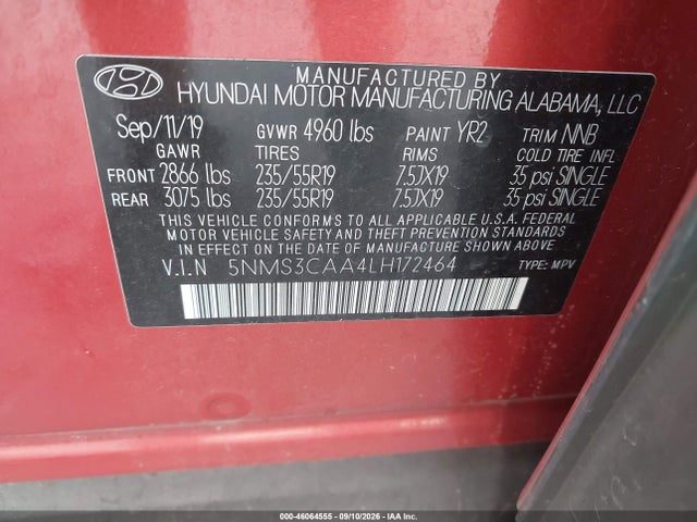 Hyundai Santa Fe Sel 2.0t 2020 5NMS3CAA4LH172464 Image 9
