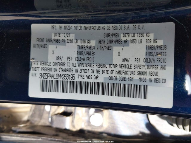 Auction sale of the 2021 Mazda Mazda3 2.5 S, vin: 3MZBPAAL6MM253195, lot number: 46064564