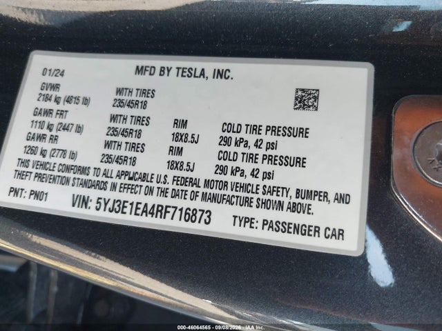 Продаж на аукціоні авто 2024 Tesla Model 3 Long Range Dual Motor All-wheel Drive/rear-wheel Drive, vin: 5YJ3E1EA4RF716873, номер лоту: 46064565