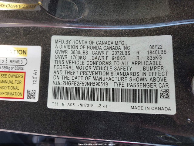 Honda Civic Sport 2022 2HGFE2F59NH590519 Image 9