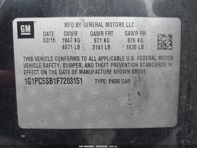 Продажа на аукционе авто 2015 Chevrolet Cruze 1lt Auto, vin: 1G1PC5SB1F7203151, номер лота: 46064568