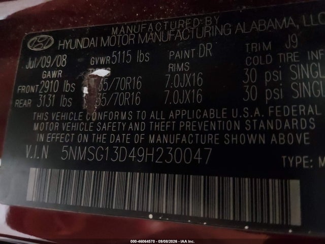 2009 Hyundai Santa Fe Gls მანქანა იყიდება აუქციონზე, vin: 5NMSG13D49H230047, აუქციონის ნომერი: 46064570