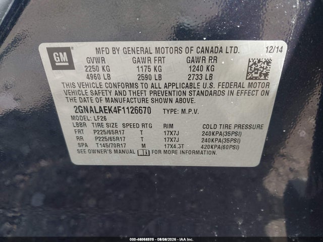 Aukcja sprzedaży 2015 Chevrolet Equinox Ls, vin: 2GNALAEK4F1126670, numer aukcji: 46064575