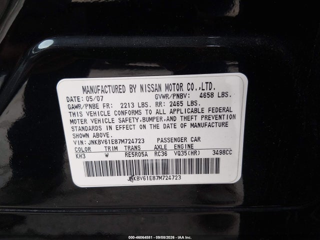 46064581 :رقم المزاد ، JNKBV61E87M724723 vin ، 2007 Infiniti G35 Sport مزاد بيع