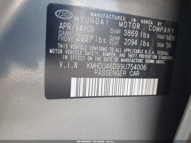 Aukcja sprzedaży 2009 Hyundai Elantra Gls, vin: KMHDU46D99U754006, numer aukcji: 46064582