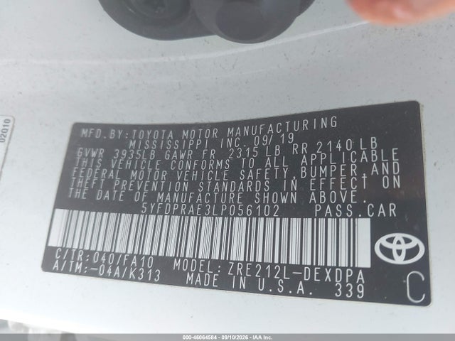 Продажа на аукционе авто 2020 Toyota Corolla L, vin: 5YFDPRAE3LP056102, номер лота: 46064584