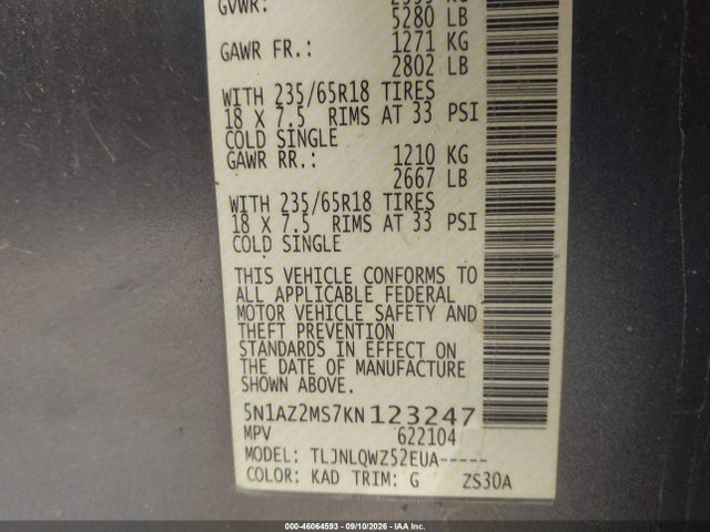 Продаж на аукціоні авто 2019 Nissan Murano Sv, vin: 5N1AZ2MS7KN123247, номер лоту: 46064593