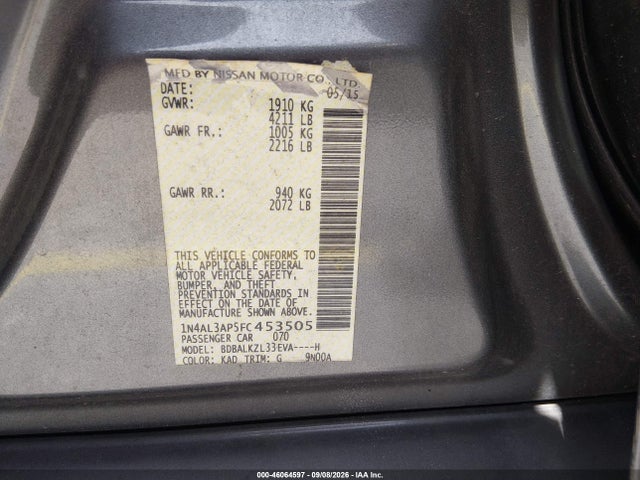 46064597 :رقم المزاد ، 1N4AL3AP5FC453505 vin ، 2015 Nissan Altima 2.5 Sv مزاد بيع