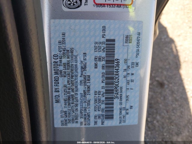 Aukcja sprzedaży 2012 Ford Fusion Sel, vin: 3FAHP0CG2CR443669, numer aukcji: 46064619
