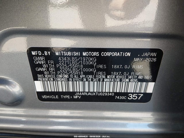 Aukcja sprzedaży 2026 Mitsubishi Outlander Sport 2.0 Es/2.0 Le/2.0 Ralliart/2.0 S/2.0 Se/2.0 Trail Edition, vin: JA4ARUAUXTU029340, numer aukcji: 46064620