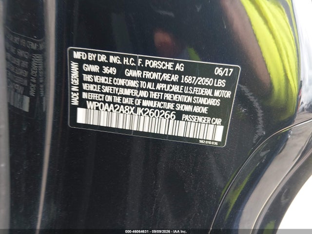 Aukcja sprzedaży 2018 Porsche 718 Cayman, vin: WP0AA2A8XJK260266, numer aukcji: 46064631