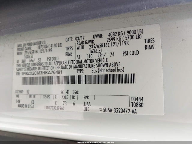 Продажа на аукционе авто 2017 Ford Transit-350 Xlt, vin: 1FBZX2CM3HKA76491, номер лота: 46064636