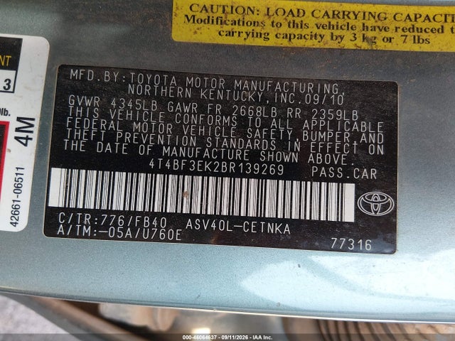 2011 Toyota Camry Le მანქანა იყიდება აუქციონზე, vin: 4T4BF3EK2BR139269, აუქციონის ნომერი: 46064637