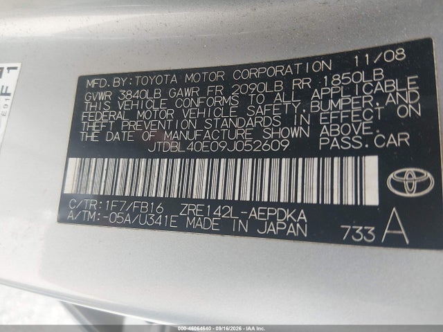 46064640 :رقم المزاد ، JTDBL40E09J052609 vin ، 2009 Toyota Corolla Le مزاد بيع