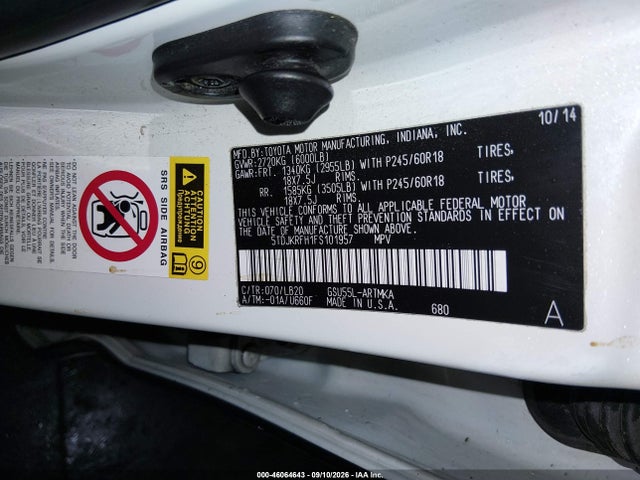 Toyota Highlander Xle V6 2015 5TDJKRFH1FS101957 Image 9